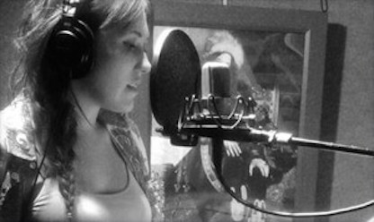 Demo voice-over actress at the microphone